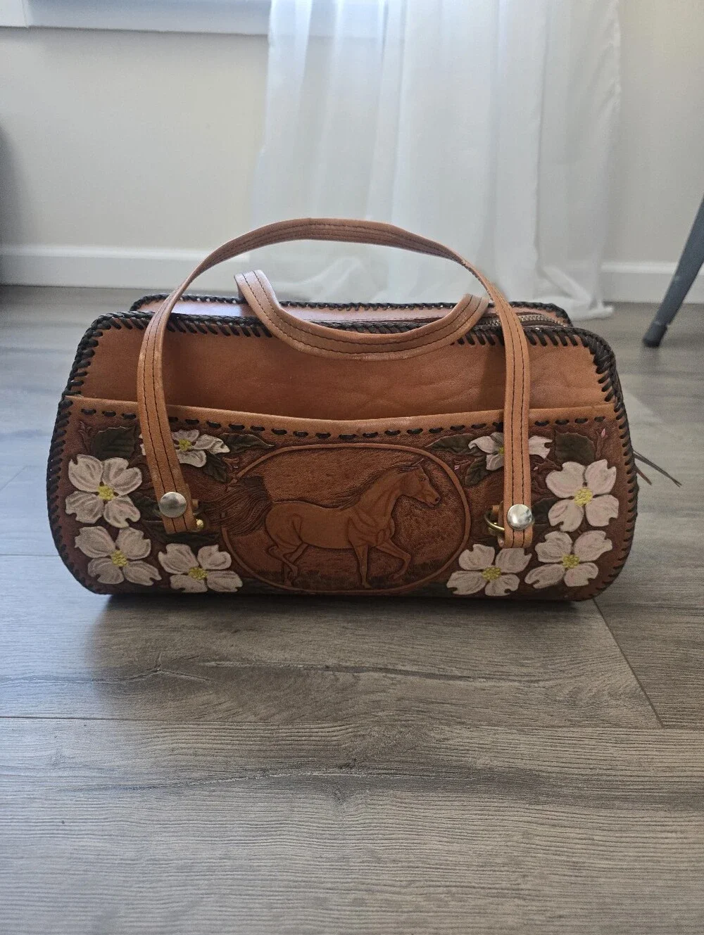 Hand Tooled Leather Barrel Bag Embossed Horse Painted Floral Brown